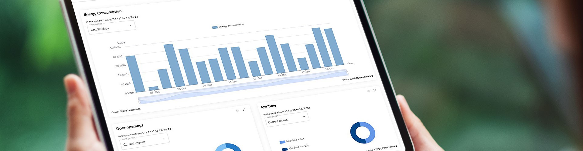 Una persona tiene in mano un tablet che mostra un grafico di consumo energetico con grafici a barre e a torta.