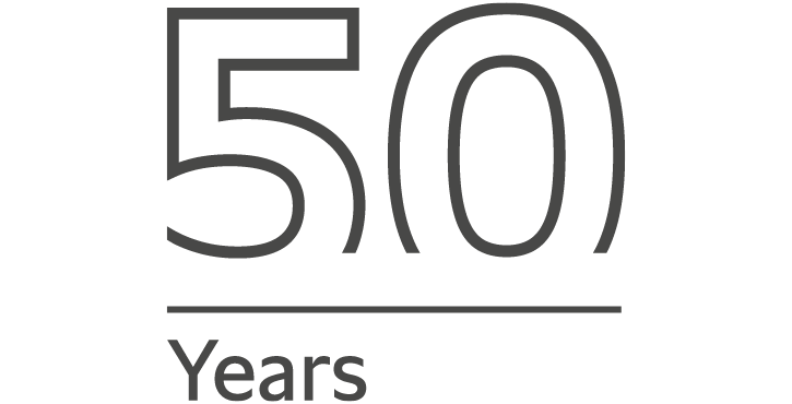 Simple graphic showing the number '50' with a line underneath and the word 'Years' below it, representing 50 years of an anniversary.