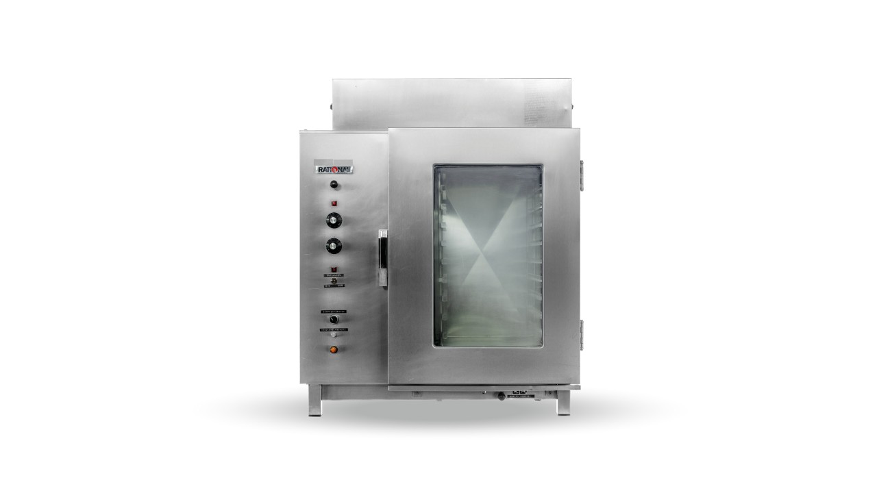 Rational industrial oven featuring a glass door and control knobs, designed for professional kitchen use.