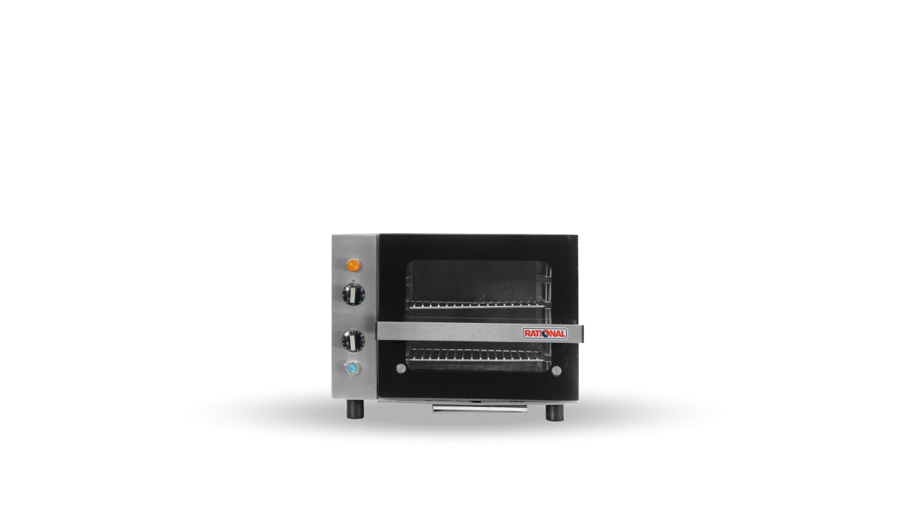 Rational countertop oven with a glass front, featuring control knobs and a stainless steel design for commercial use.