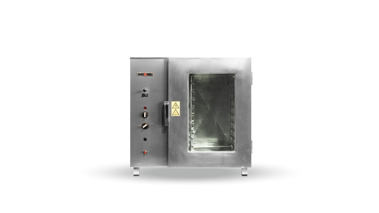 Rational oven with a glass door and control knobs, designed for industrial use with safety warnings displayed.