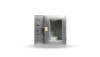 Rational oven with a glass door and control knobs, designed for industrial use with safety warnings displayed.