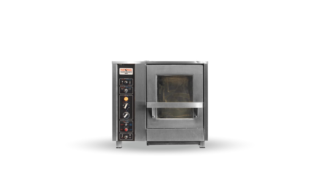 Rational combi-steamer with a glass door and control panel featuring various knobs and buttons, designed for commercial kitchens.