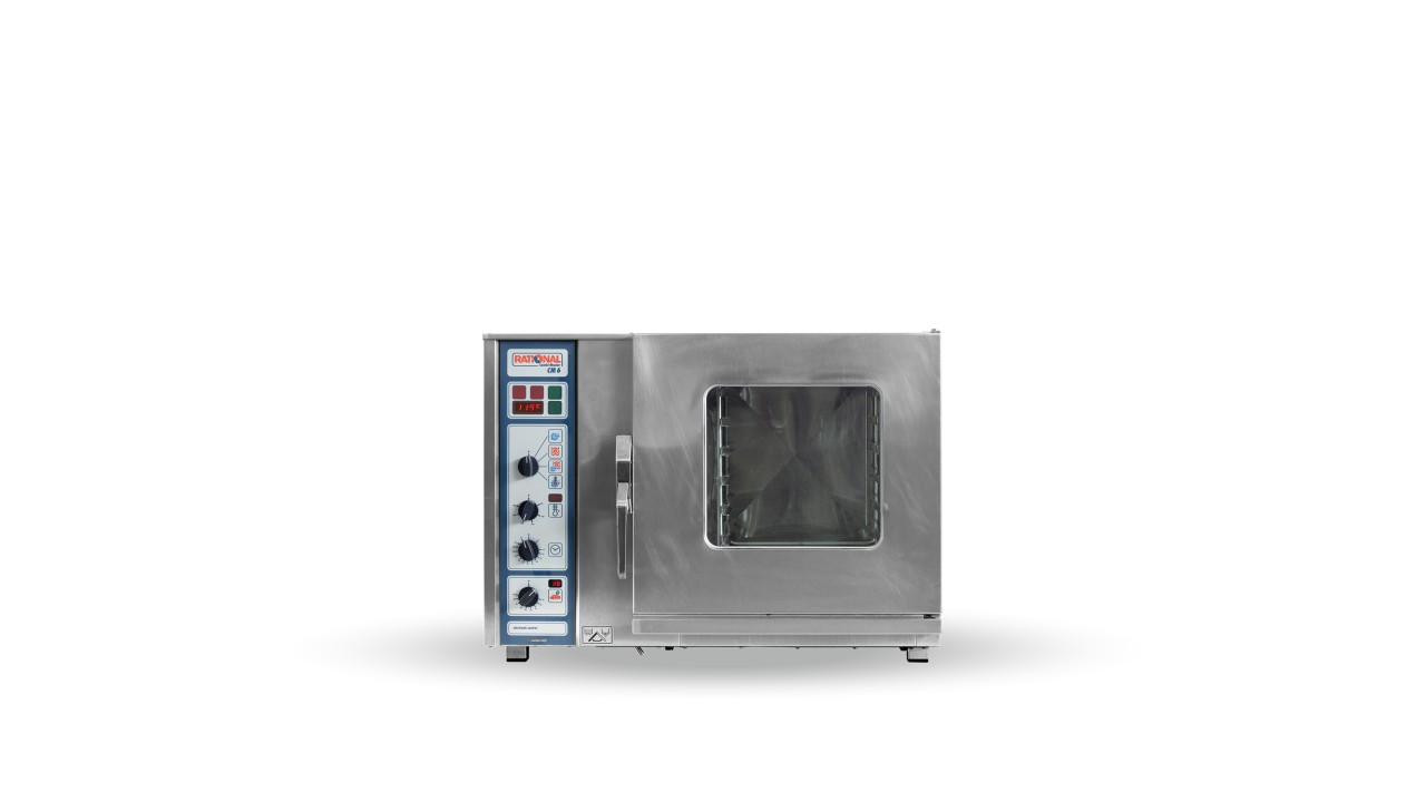 Rational combi oven with a glass door and a digital control panel, designed for professional kitchen use.