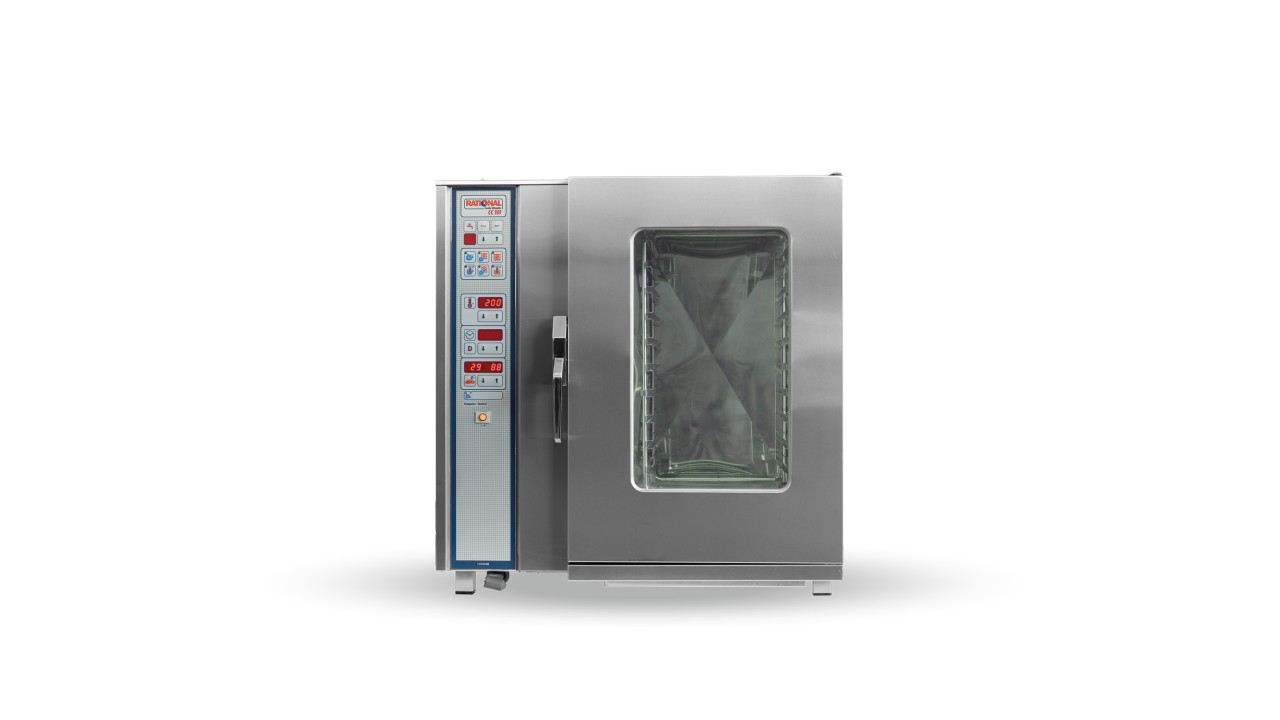 Rational combi-steamer with a glass door and advanced digital control panel, designed for high-efficiency cooking in commercial kitchens.