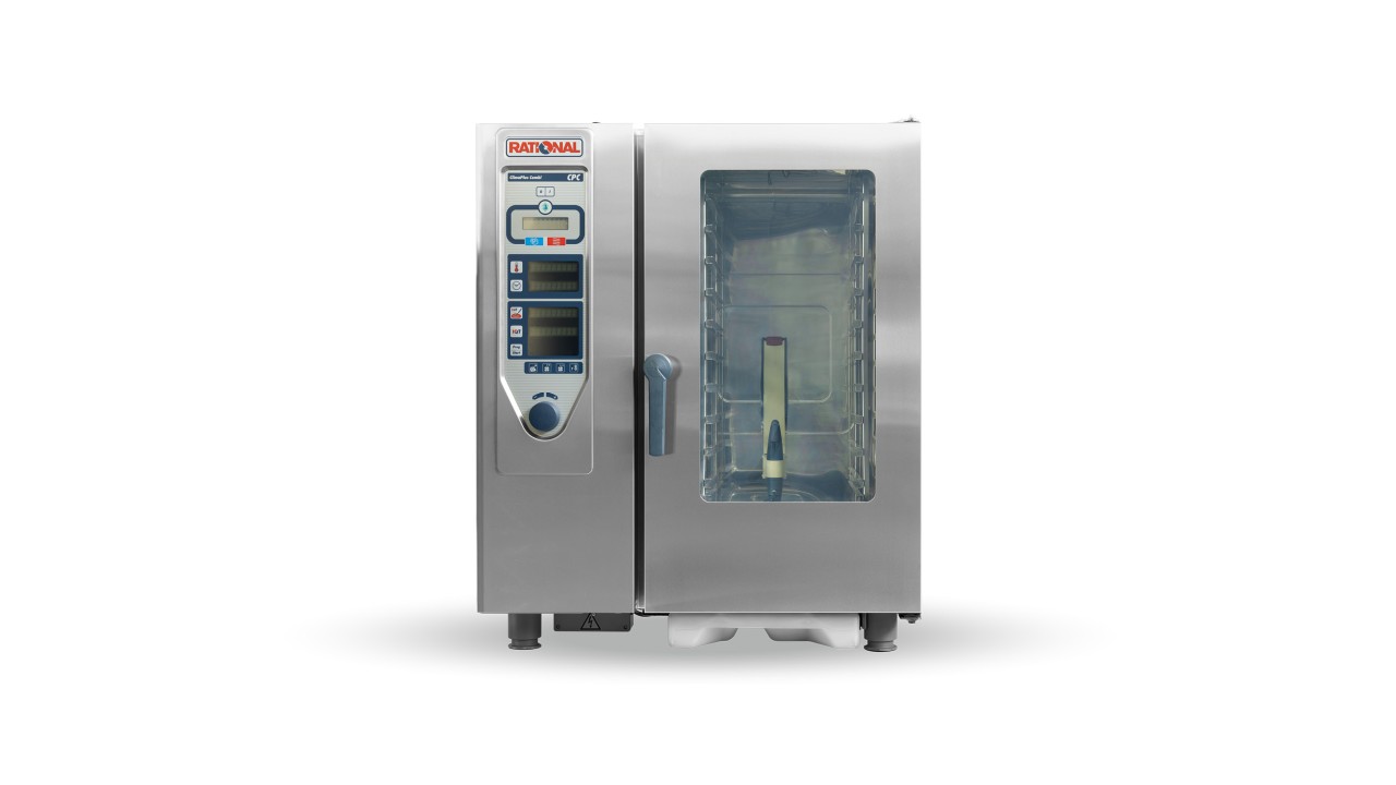 Rational combi-steamer with a glass door and advanced digital control panel, designed for precise cooking in commercial kitchens.