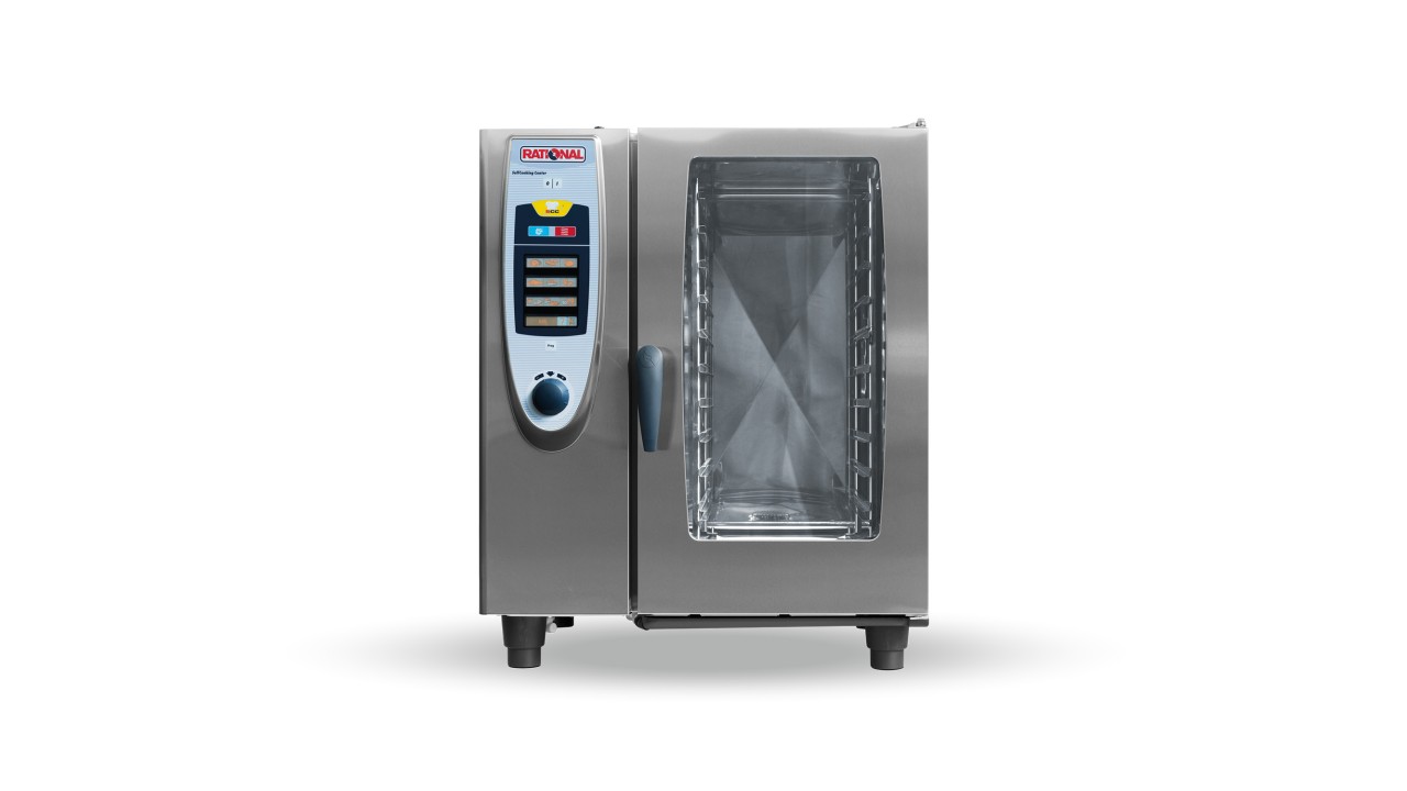Rational self-cooking center with a glass door and advanced digital control panel, designed for automated cooking in commercial kitchens.