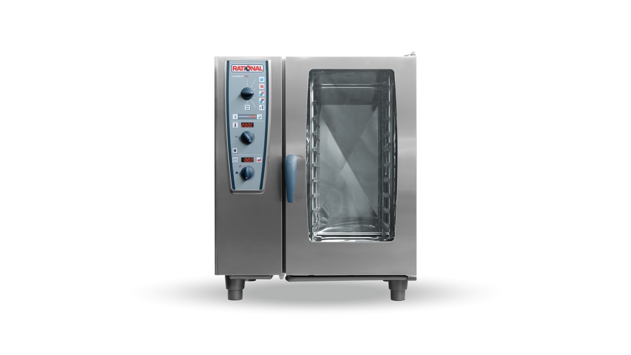 Rational combi-master plus with a glass door and control panel featuring knobs and displays, designed for efficient cooking in commercial kitchens.