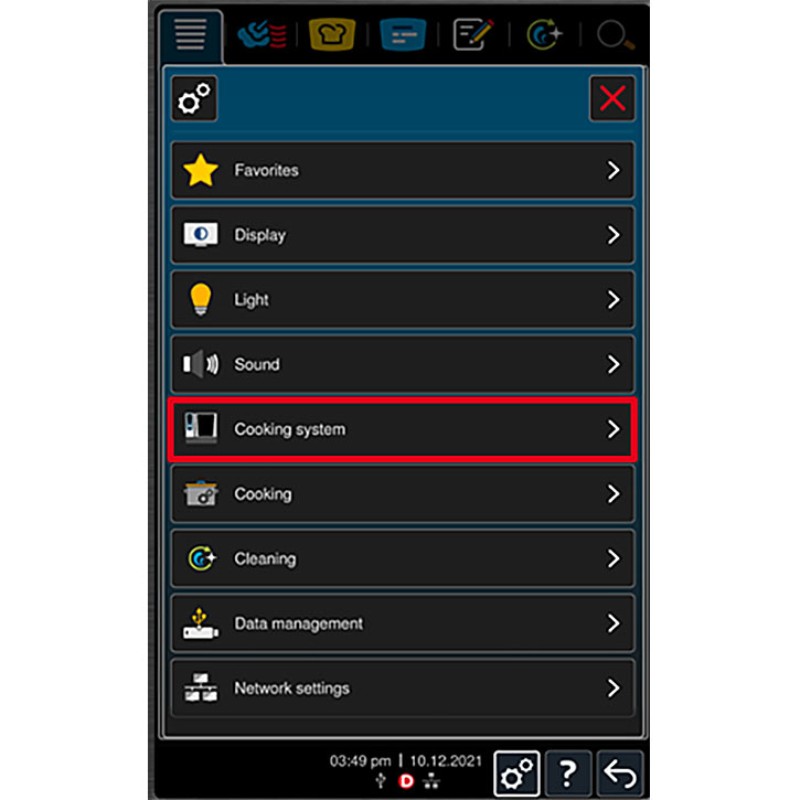 Settings menu with cooking system option highlighted.