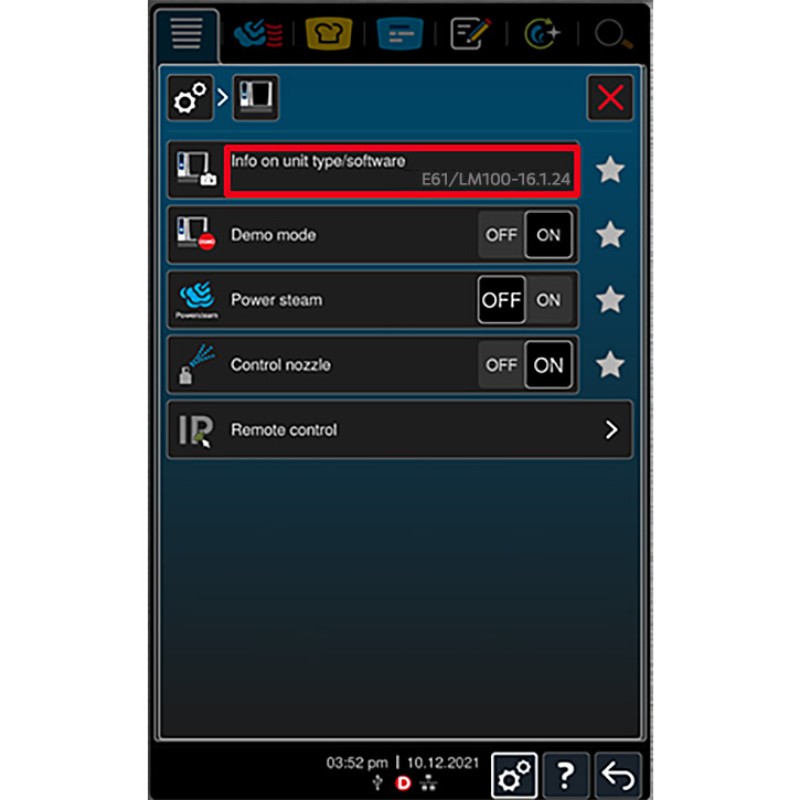  Cooking system options with software info and control settings.