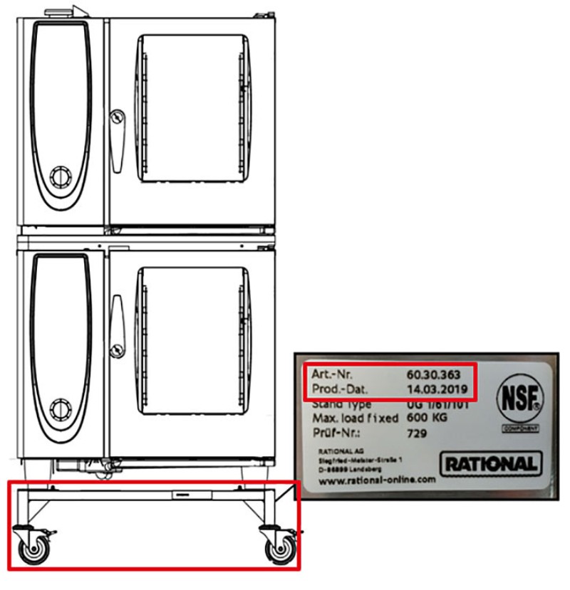 Sketch of a combi-steamer duo setup with nameplate and underframe on wheels.