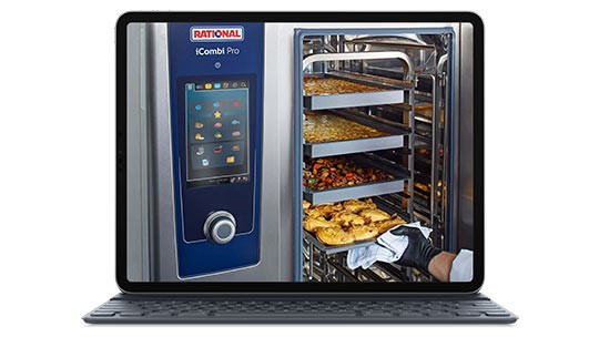 Screen displaying a Rational iCombi Pro combi-steamer filled with multiple trays of baked dishes.