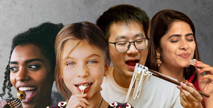 Four people of different ages and ethnic backgrounds enjoy various foods.