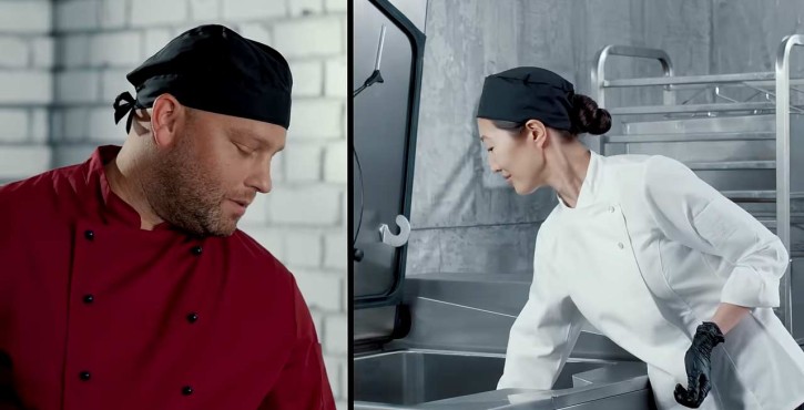 Deux chefs travaillant avec un iVario Pro dans une cuisine.