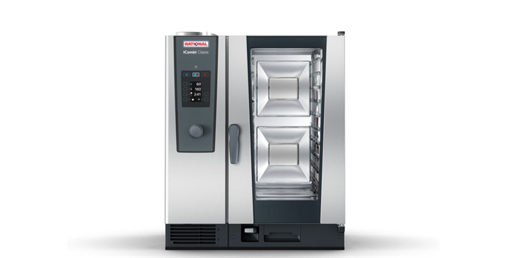 Front view of an open RATIONAL iCombi Classic combi oven with empty cooking cabinet.