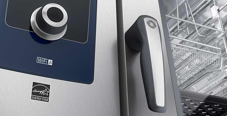 Close-up of the control panel and handle of an iCombi Pro oven featuring WiFi and Energy Star label.
