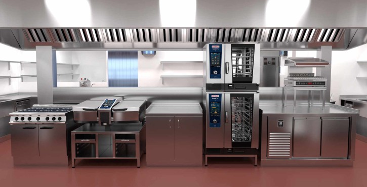 A modern commercial kitchen showcasing various stainless steel appliances, including a cooking range and multiple Rational combi ovens.