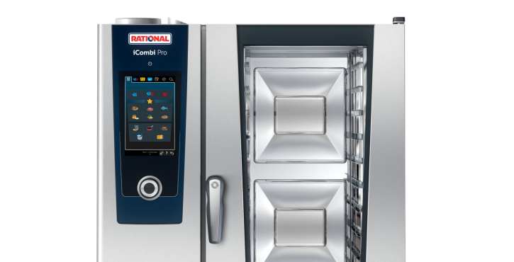 A stainless steel iCombi Pro oven with a digital control panel, displaying cooking options and a transparent door showing the interior.