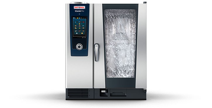 Front view of two stacked RATIONAL iCombi Pro ovens, each with a control panel and combi trays visible inside.