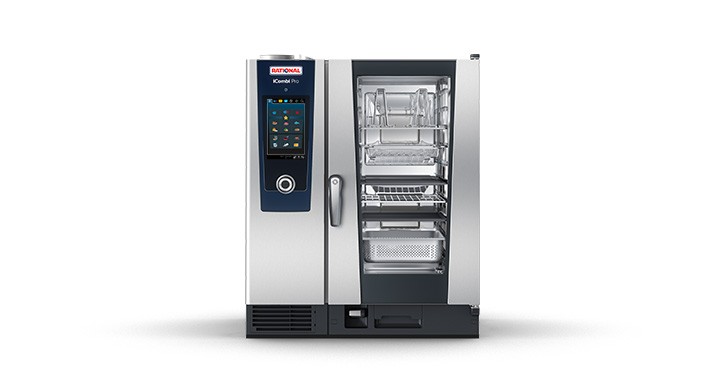 RATIONAL iCombi Pro oven displayed with various cooking accessories in the cooking chamber.