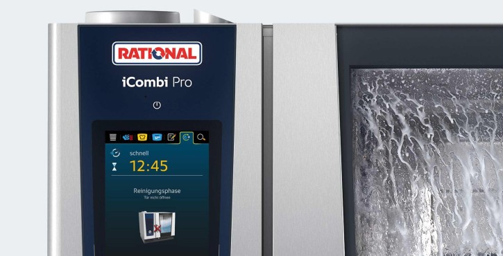 Close-up of the iCombi Pro panel displaying the cleaning phase with a timer indicating 12:45.