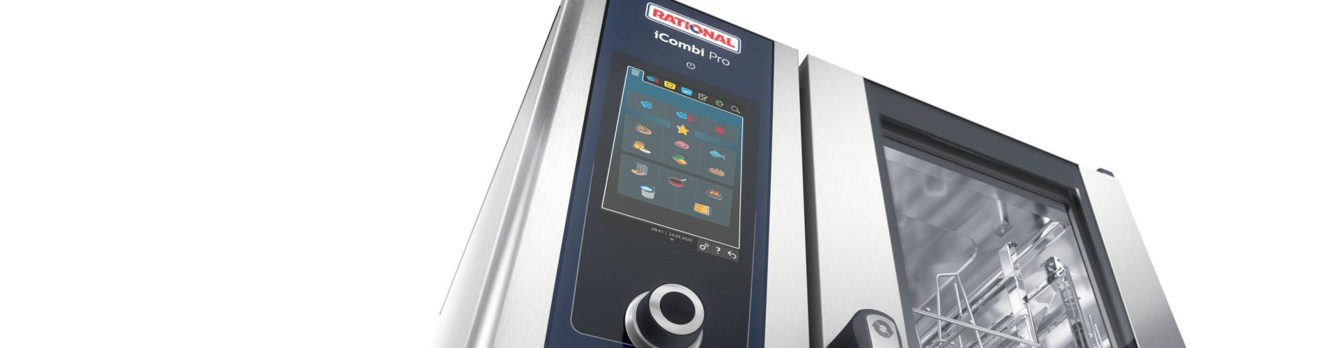 Vista frontal inclinada del RATIONAL iCombi Pro horno combinado con pantalla táctil y charolas.