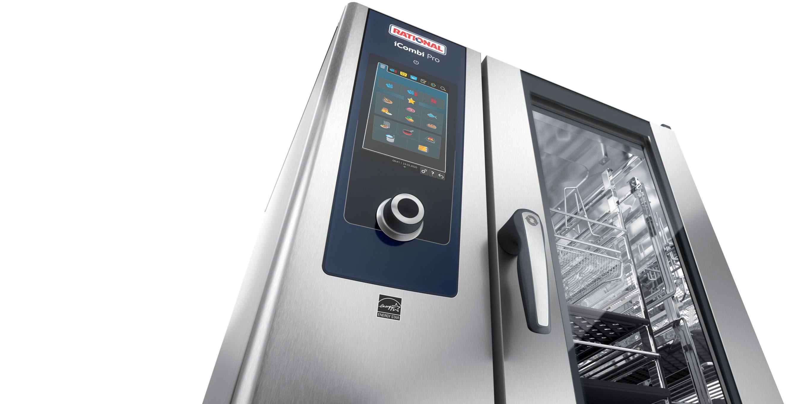 A close-up of the iCombi Pro oven featuring a digital control panel and transparent door showcasing the interior.