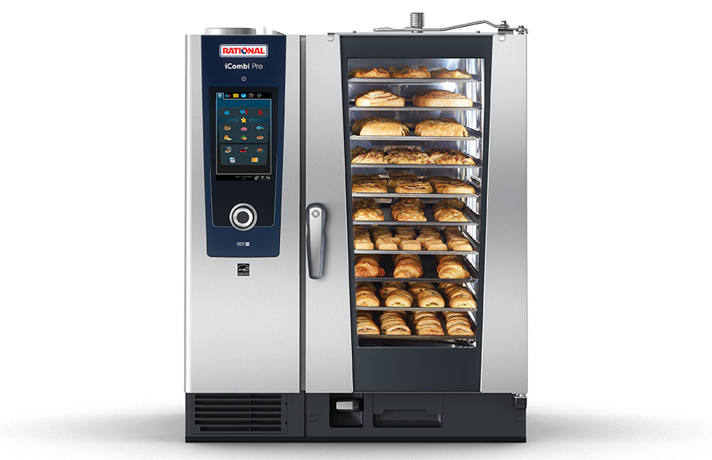 iCombi Pro oven with a glass door, displaying various baked goods on multiple trays inside.