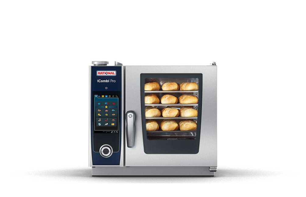 A Rational iCombi Pro oven filled with freshly baked bread rolls, showcasing its advanced cooking technology.