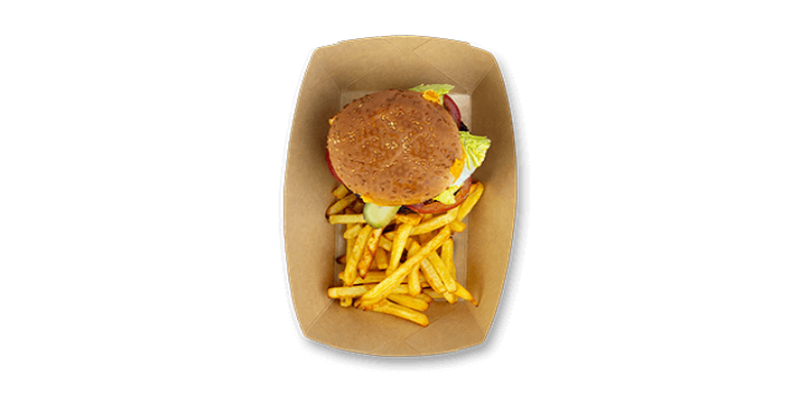 Chicken burger with lettuce, tomato, and cheese served with fries in a cardboard tray.