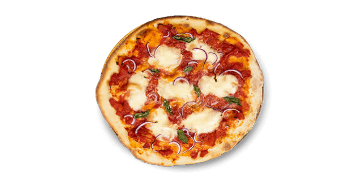 Freshly baked pizza with mozzarella, red onion, and basil.