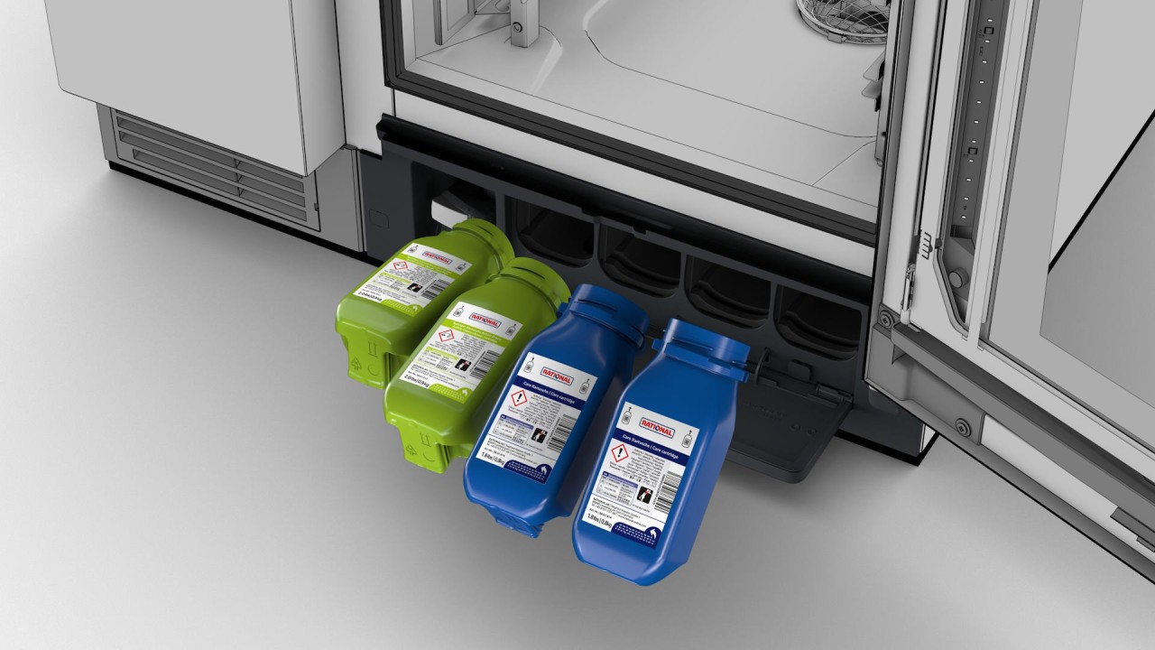 Rational iHexagon with two blue cleaning cartridges and two green care cartridges installed.