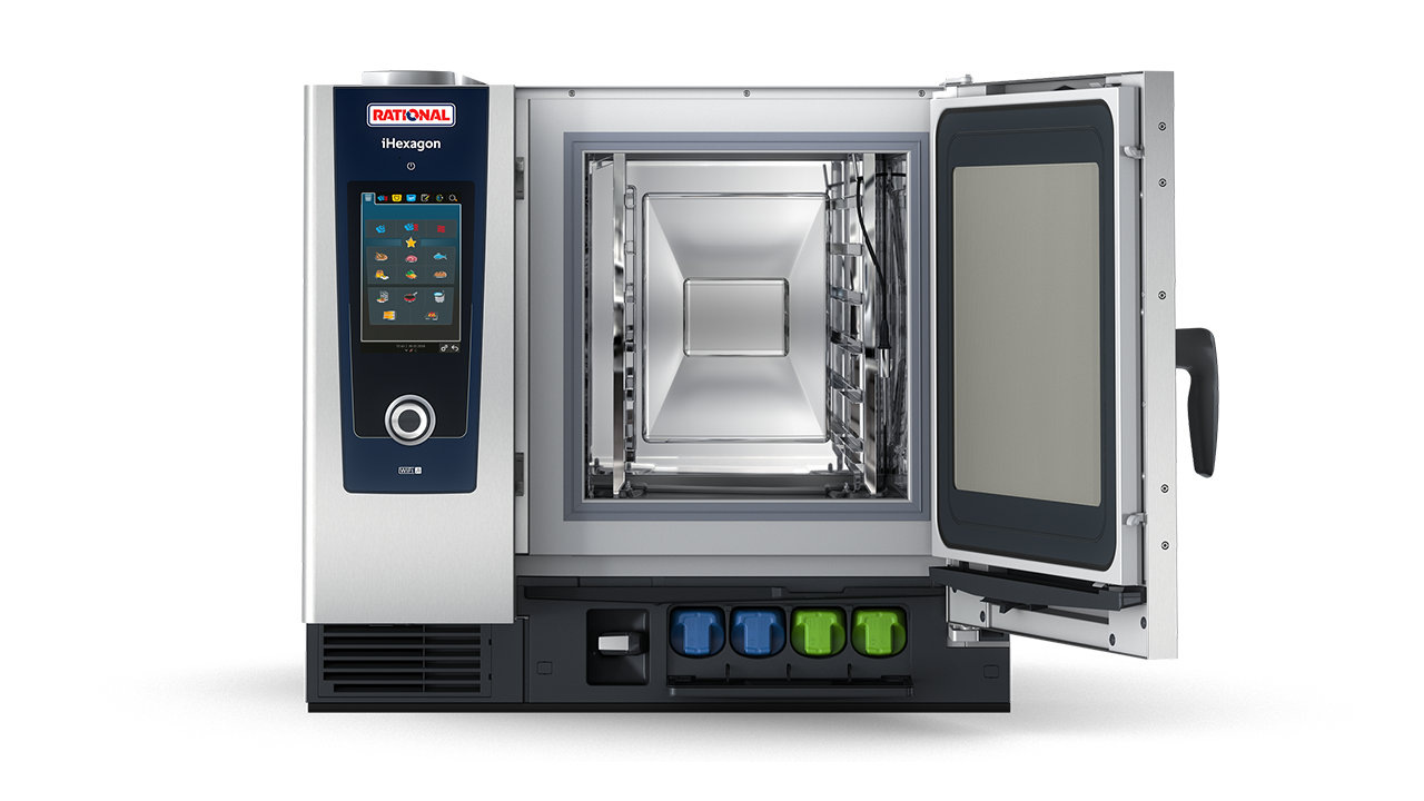 RATIONAL iHexagon forno professionale con porta aperta che mostra l’interno e il pannello di controllo.