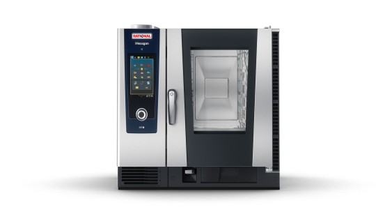 Front view of a Rational iHexagon with a digital display and large cooking chamber.
