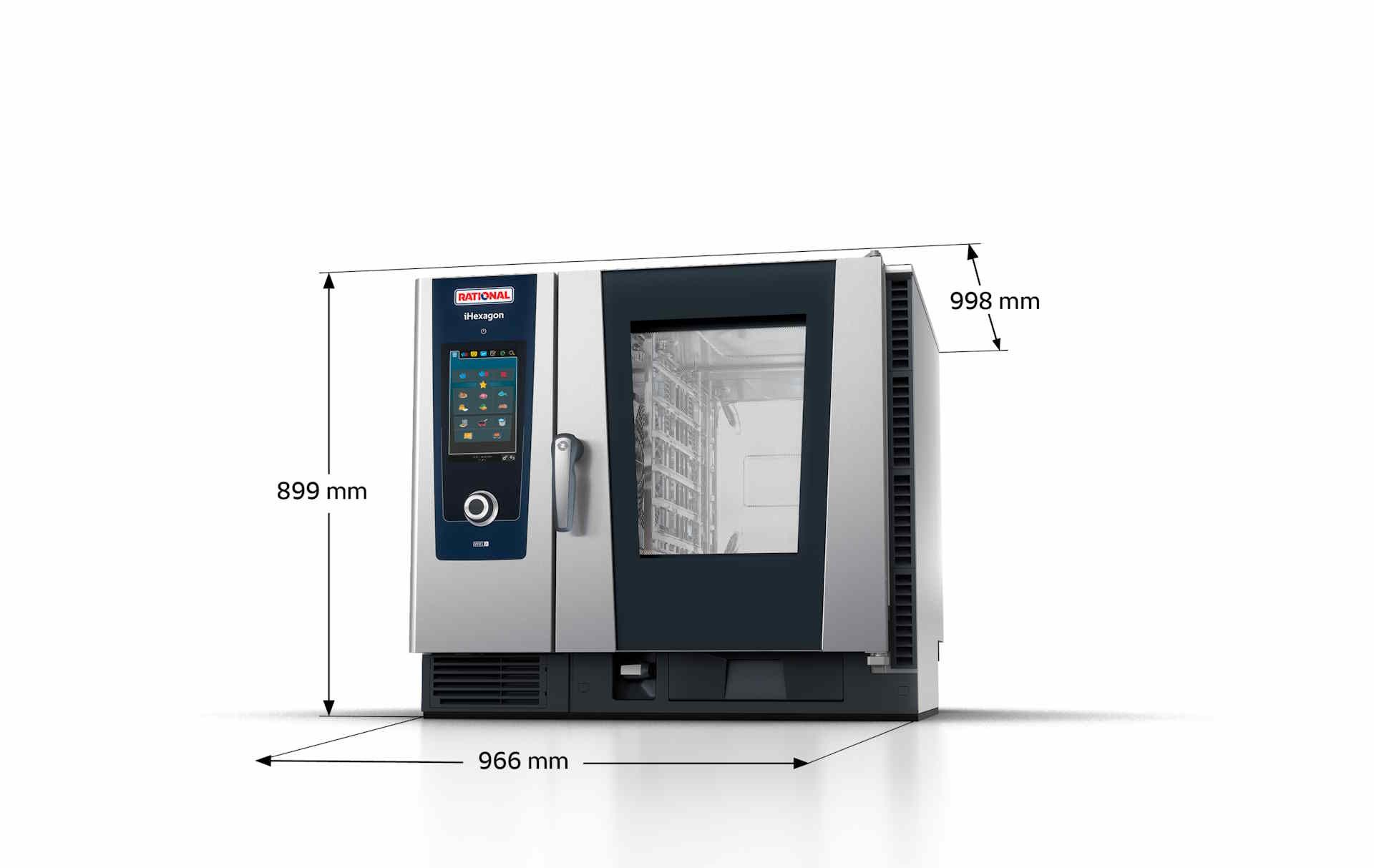 RATIONAL iHexagon combi-steamer with dimensions 966 mm x 899 mm x 998 mm.