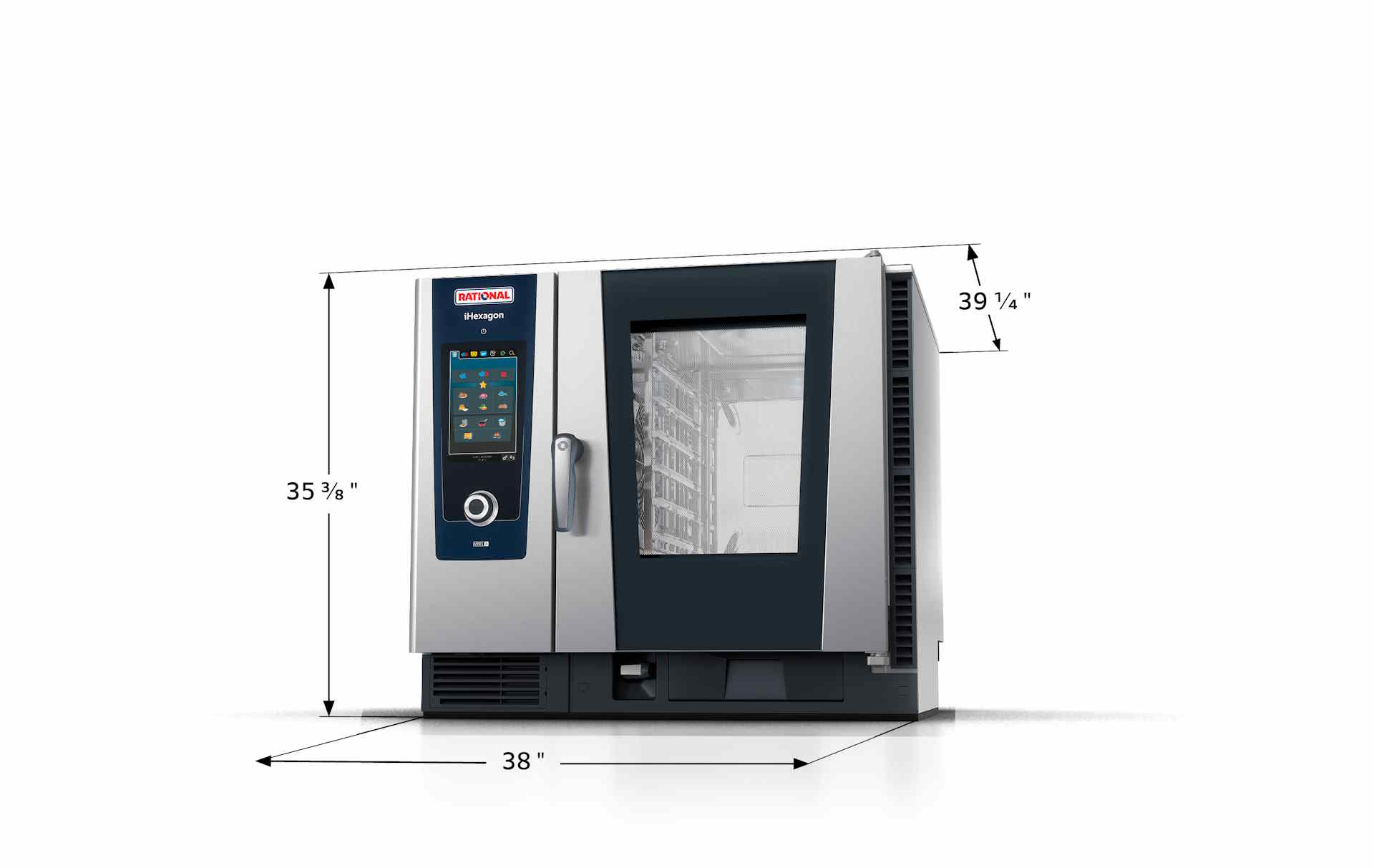 RATIONAL iHexagon combi oven with labeled dimensions: 38 inches width, 35 3/8 inches depth, and 39 1/4 inches height.