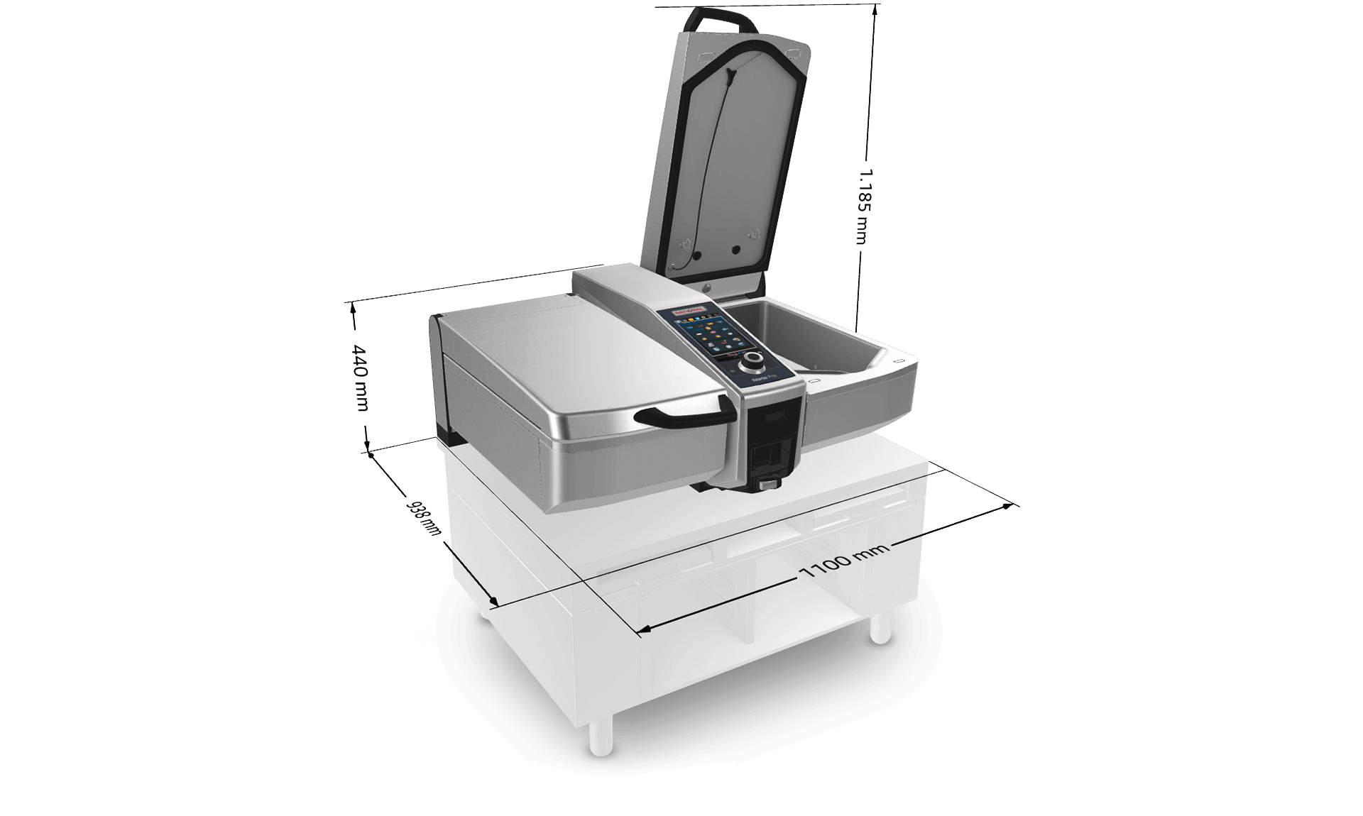 A dimensional illustration of the Rational iVario Pro 2-S showing its measurements and specifications, including the open lid and control panel.