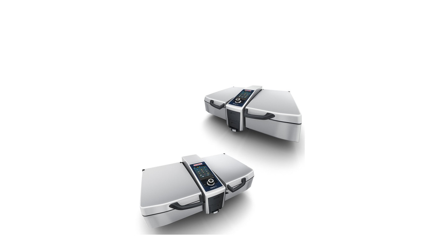 An image of two Rational iVario cooking appliances with their lids closed, displaying the control panel prominently.