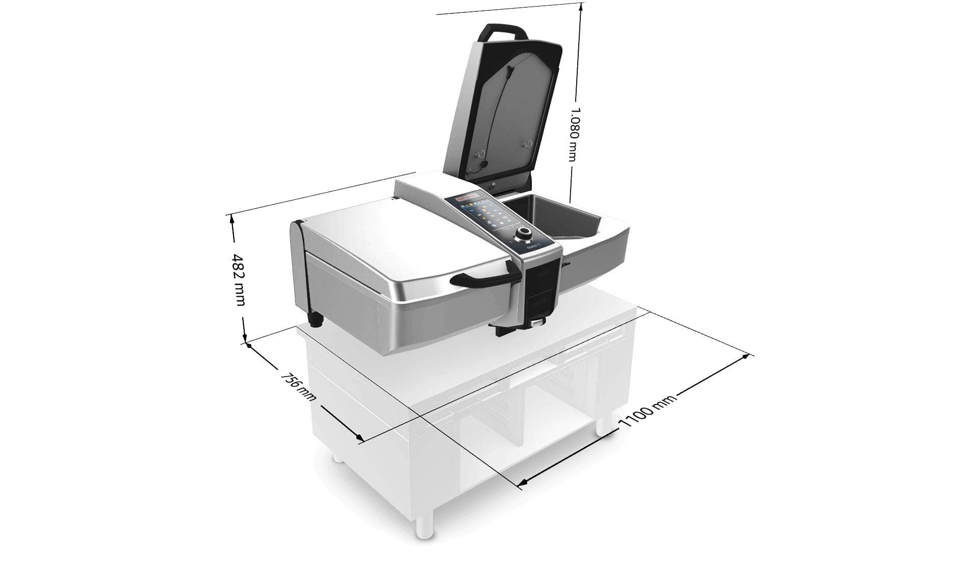 A dimensional illustration of the Rational iVario 2-XS showing its measurements and specifications, including the open lid and control panel.