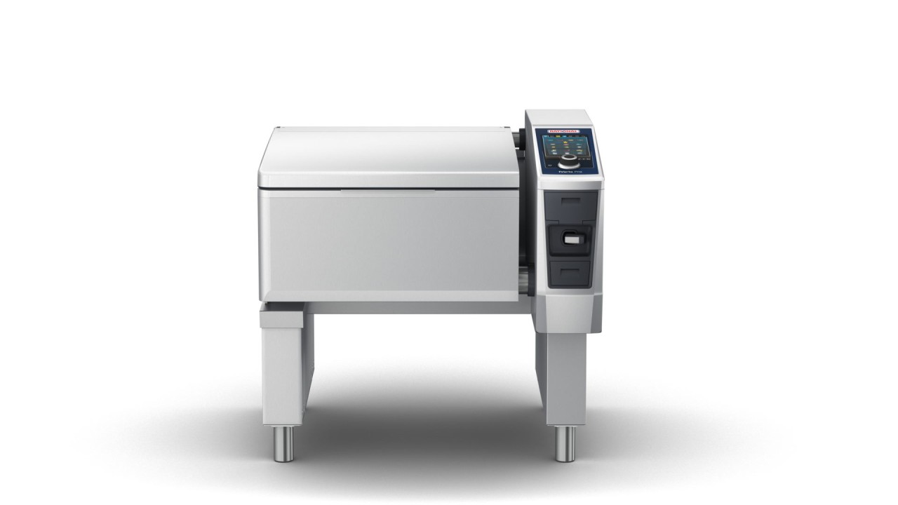 A front view of the height-adjustable Rational iVario Pro L, showcasing its sleek design and control panel.