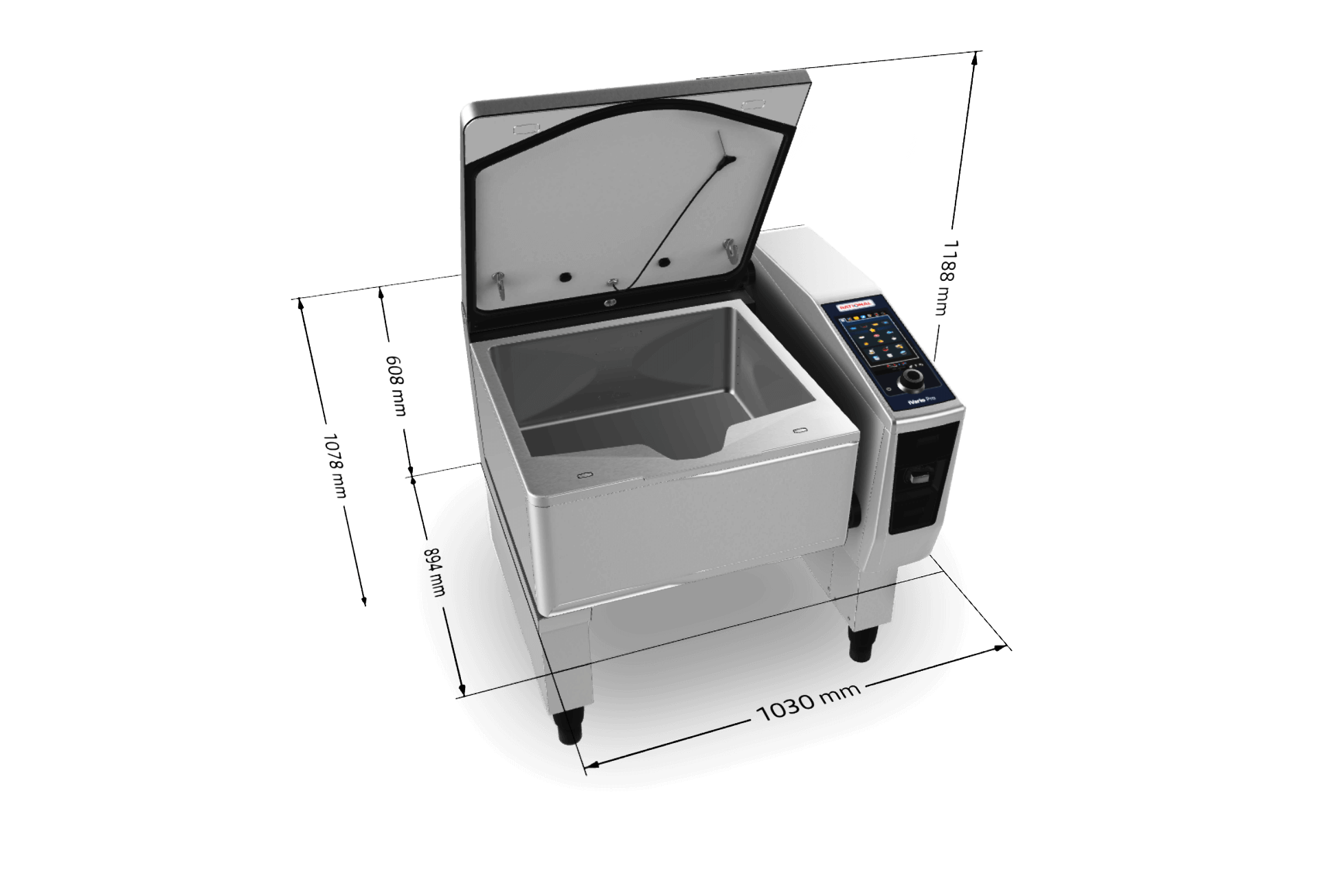 A 3D rendering of the iVario Pro L cooking appliance with measurements displayed around it.