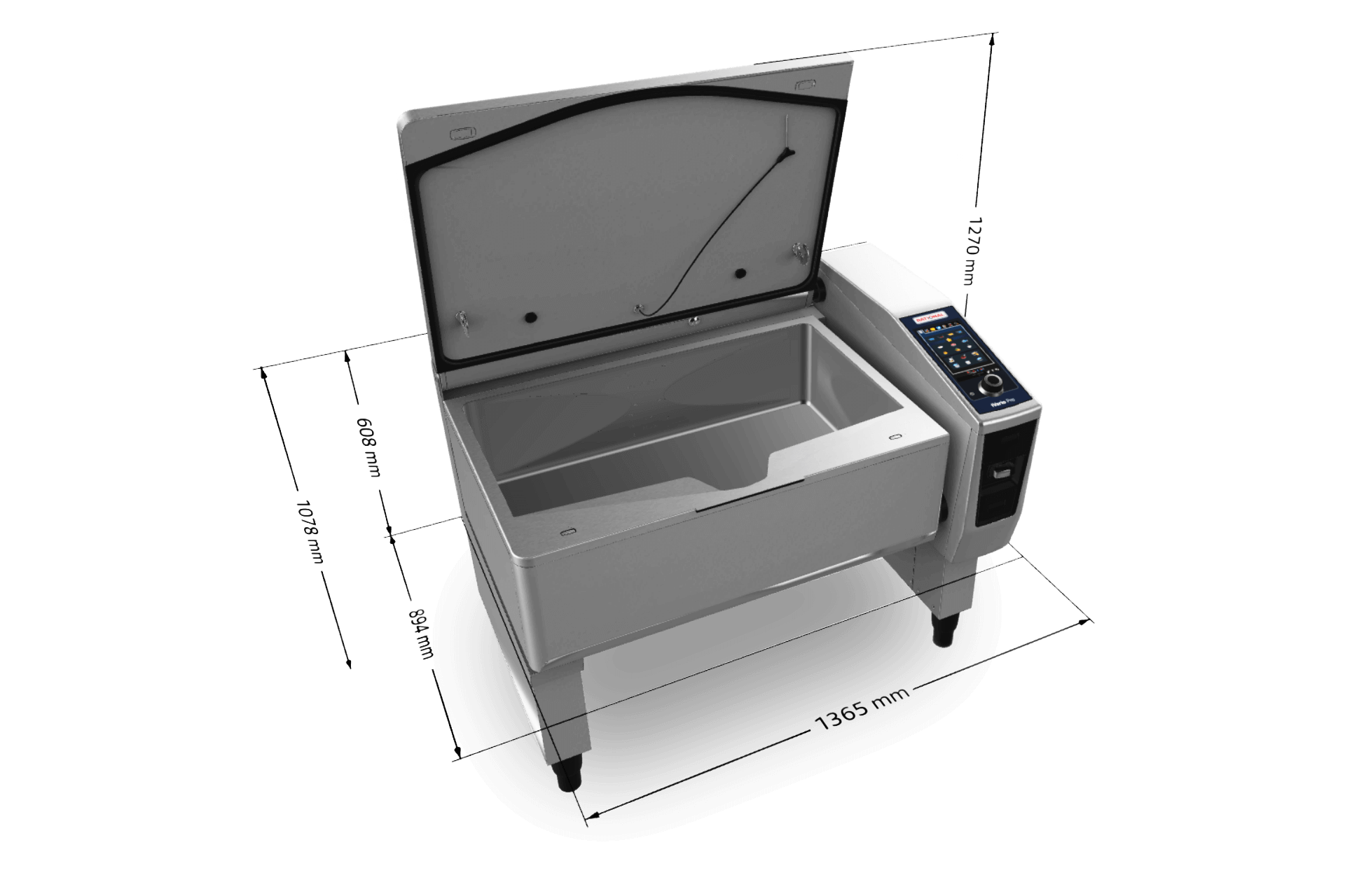 A 3D rendering of the iVario Pro XL cooking appliance with measurements displayed around it.