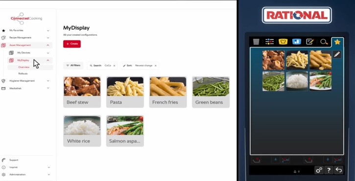 User interface of the iVario with MyDisplay and ConnectedCooking, displaying options like beef stew, pasta, and green beans.
