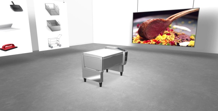 A 3D showroom display featuring the Rational iVario XL unit, showcasing its design and functionality alongside food images and kitchen tools.