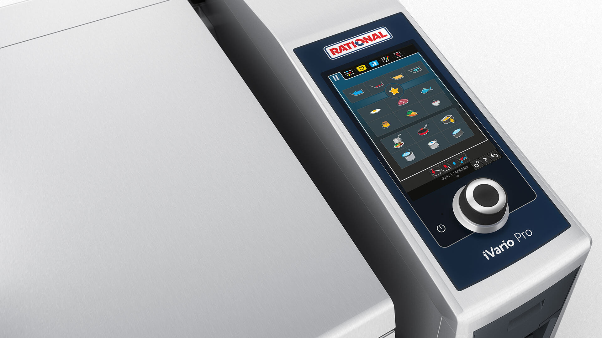A close-up of the Rational iVario Pro cooking appliance, showcasing its sleek stainless steel design and digital interface.