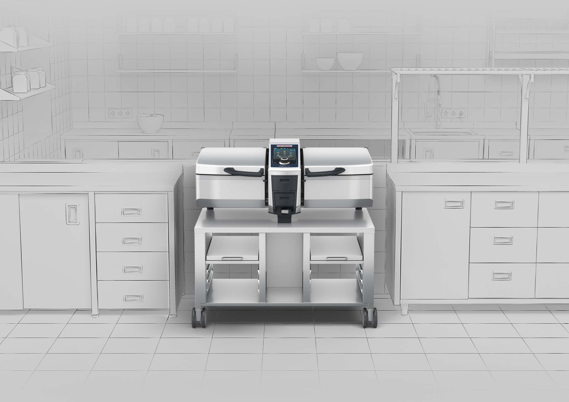 Image of a modern kitchen with aiVario Pro on a wheeled cart, surrounded by cabinets and shelves.