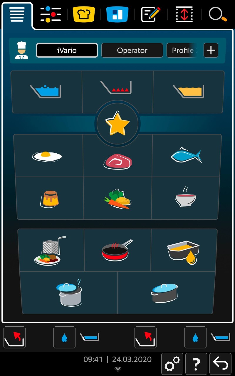 Digital start screen of the iVario Pro, displaying various cooking options like eggs, meat, fish, and vegetables.