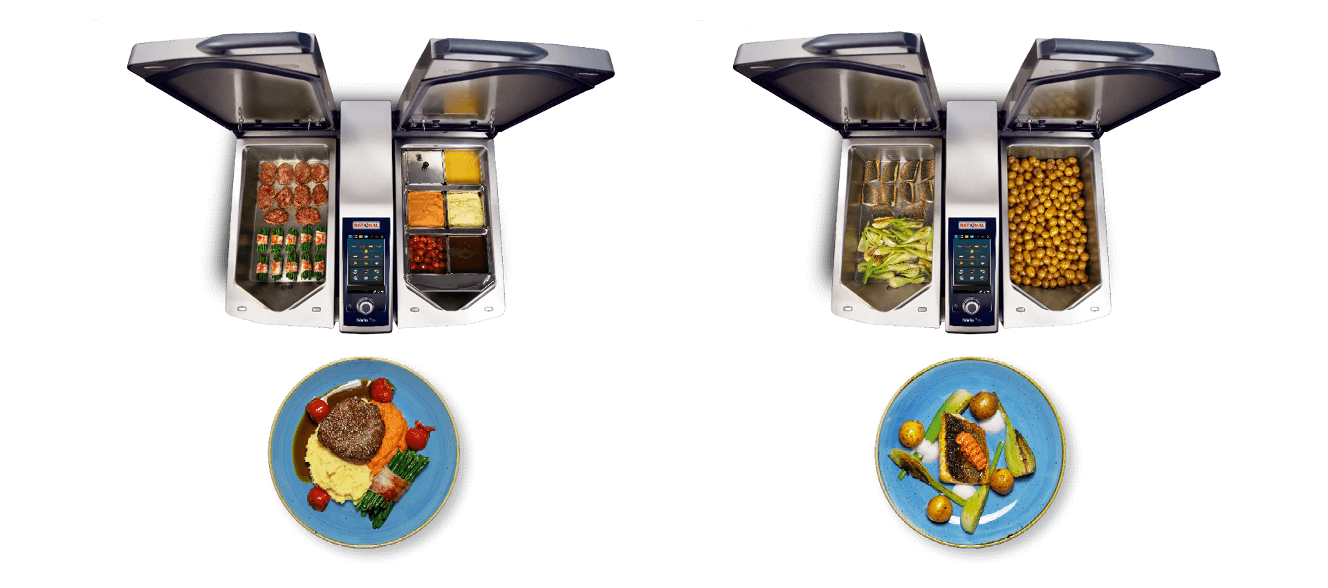 Meatballs with mashed potatoes and vegetables in RATIONAL iVario Pro, garnished with cherry tomatoes.