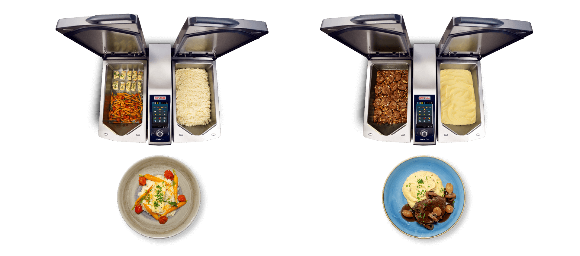Assorted meals with meat, fish, vegetables, and sides cooked in the RATIONAL iVario Pro.
