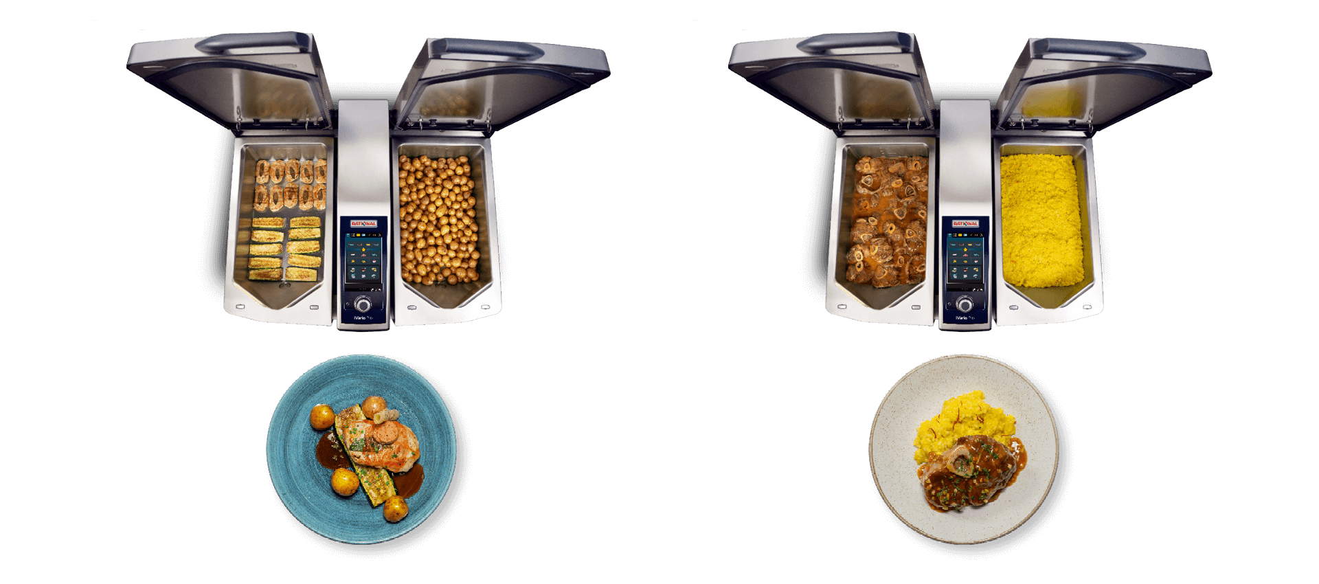 Assorted meals with meat, fish, vegetables, and sides cooked in the RATIONAL iVario Pro.